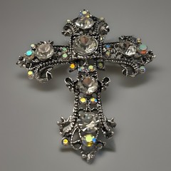 VTG Filigree Cross Brooch Pin Aurora Borealis Rhinestone Silver Tone Religious