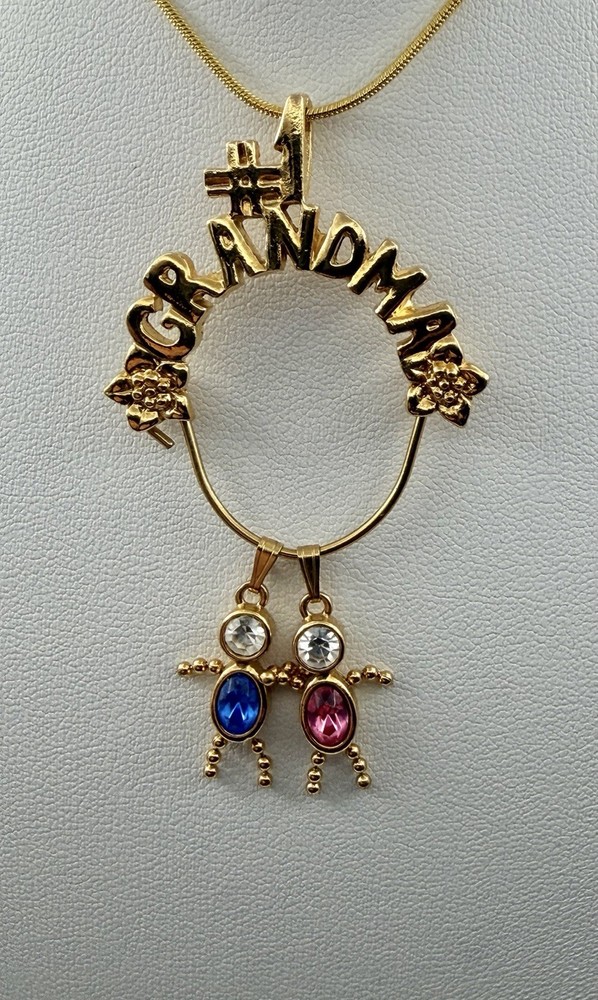 Vintage Goldtone GRANDMA Charm Holder 2 Children Charms Pendant Necklace