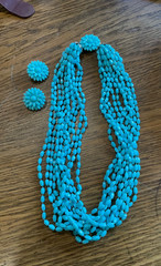 Vintage Turquoise Colored Plastic Faceted Beads Multi-Strand Necklace & Earrings
