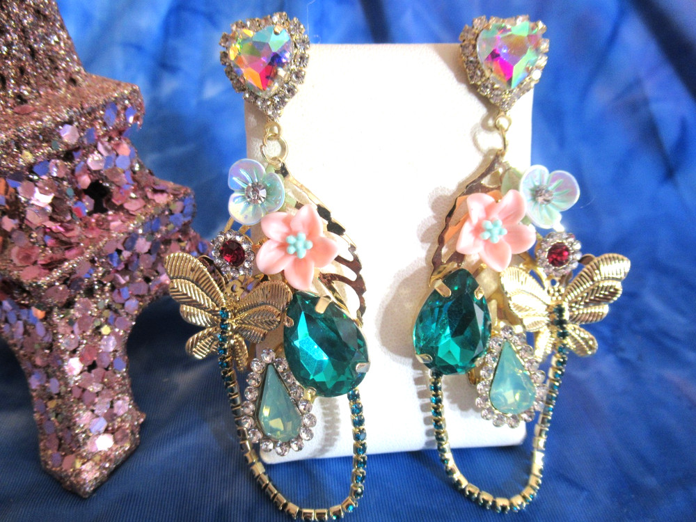 Stunning Crystal Gems Multi-Color Golden Wing Butterfly Statement Earrings NEW