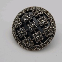 Vintage Art Deco Markasite Round Geometric Domed Sterling Silver 925 Brooch Pin