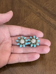 Vintage Mid-Century Turquoise Tone Clear Rhinestone Floral Brooch & Earrings Set