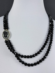 Black Glass Beaded Necklace Double Strand Cameo Clasp Art Deco French Jet Vtg