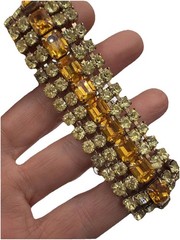 Vintage Amber Rhinestone Bracelet Gold Tone Triple Row Glows Green UV Reactive
