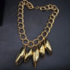 Gold Tone Chain Necklace with Pod Charms Statement Vintage Jewelry