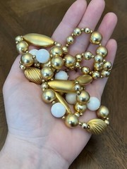 Vintage Carol Dauplaise Gold & White Beaded Long Necklace Signed Nice!