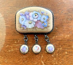 Vintage Fedoskino Cold Painted Enamel Pastel Flowers 3 Dangling Flowers Brooch