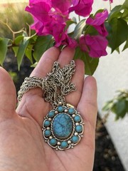 Vintage Bell Trading Nickel Silver Simulated Turquoise Pendant Necklace 29”