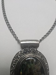 Vintage Silver Tone Abalone Shell Oval Pendant Necklace Boho Statement Jewelry