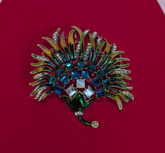 Multicolor Rhinestone Flower Fan 3 1/8″ x 3″ Dual Brooch Pin Pendant