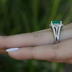 Art Deco Style Lab Created Emerald & Diamond Engagement 14K White Gold FN Ring