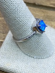 Vintage Blue Opal & CZ Sterling Silver Halo Ring Sz. 9.75