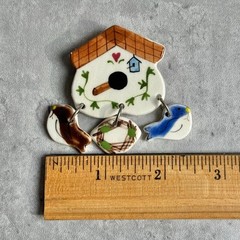 Vintage Costume Ceramic Bird House Dangling Pin Brooch Artsy Folk Whimsical Art