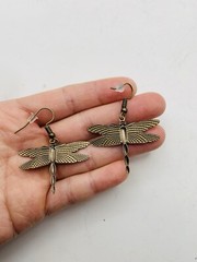 Vintage Style Antiqued Bronze Tone Art Nouveau Dragonfly Elegant Hook Earrings