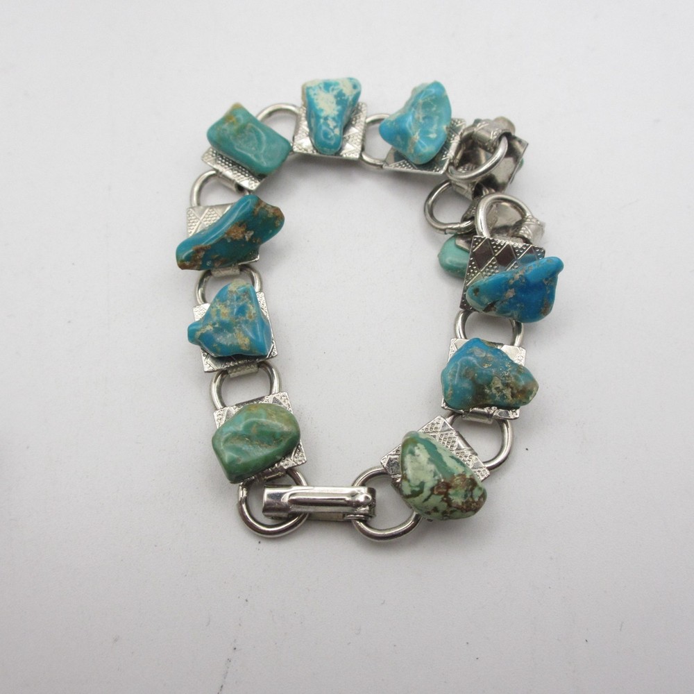 Vintage Stone Bracelet Blue Green Nuggets Silver Tone
