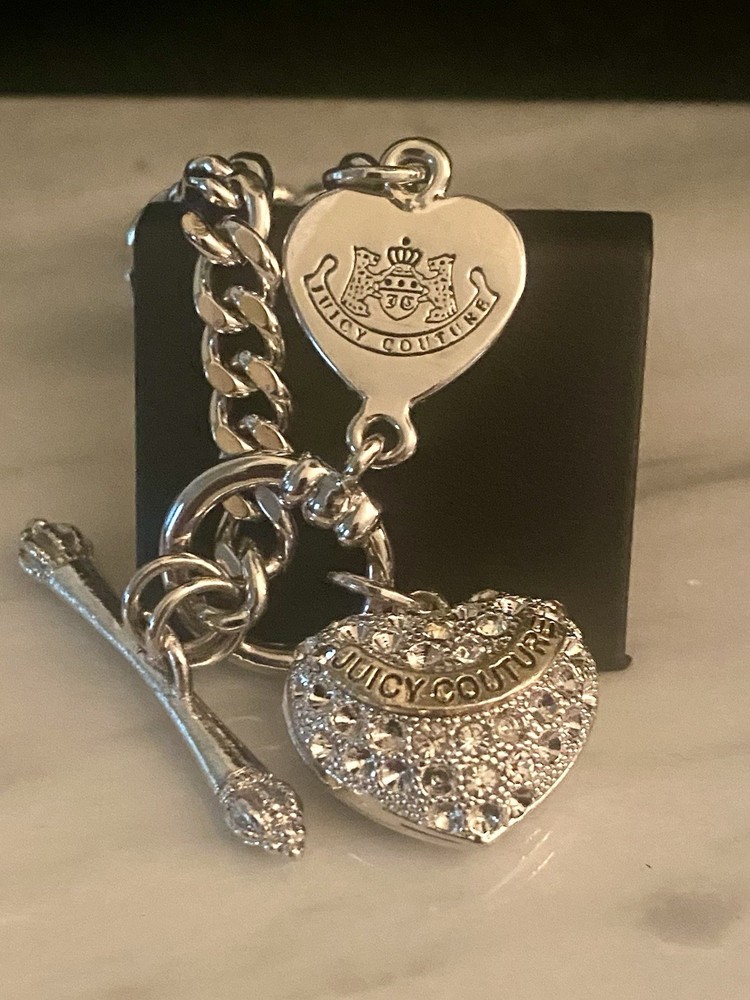 Vintage Juicy Couture, Pavé Heart Charm, Silver Tone, Toggle Bracelet