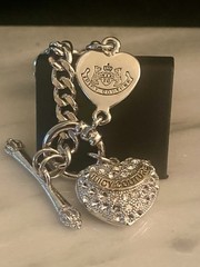 Vintage Juicy Couture, Pavé Heart Charm, Silver Tone, Toggle Bracelet