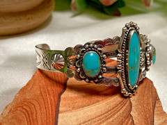 Fred Harvey Era Bell Trading Post Turquoise Three Stone Sterling Cuff Bracelet