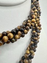 VTG 29In 4 Strand Tigers Eye Bead Necklace Caviar Gold Tone Fish Hook Clasp Read