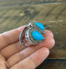 Marcasite Sterlling Silver Chunky Ring, Double Teardrop Turquoise Stone Ring