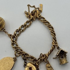 Vtg Monet Link Gold Tone Charm Bracelet Grand Piano Heart Wishing Well Tree ETC