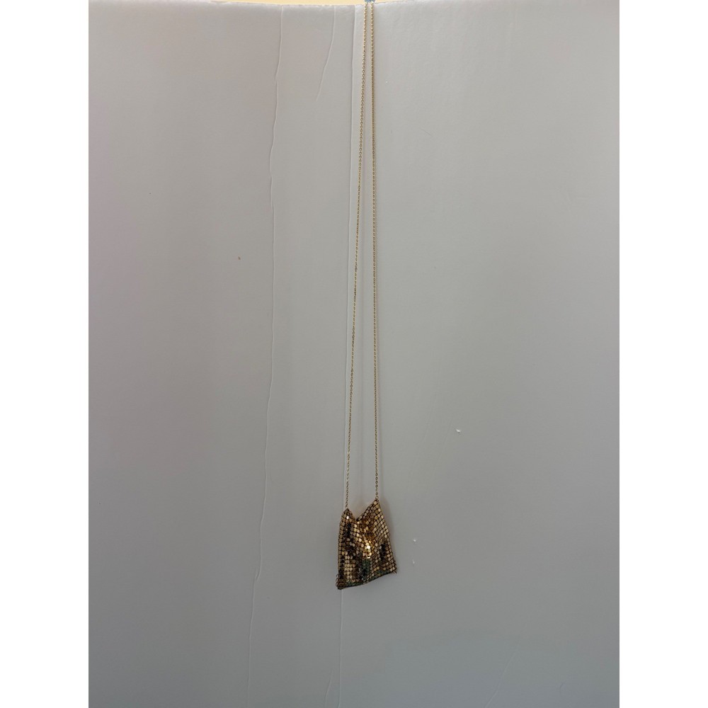 Vintage Gold Mesh Pouch Pendant Necklace Miniature Bag Statement Jewelry 32 In