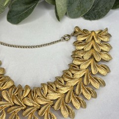 Vintage Signed Francois Brushed Gold Tone Leaf Design Wide Bracelet Safety Chain