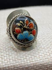 Russian Folk Art Ring Hand Painted Butterfly Floral Enamel Adjusts Vintage