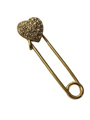 Puffy 3D Heart Rhinestone Gold Tone Saftey Pin Brooch Vintage Clip Fastener