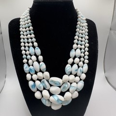 Vintage Multi 4 Strand Necklace Blue White Art Glass Beaded 17″ Choker Bib Japan
