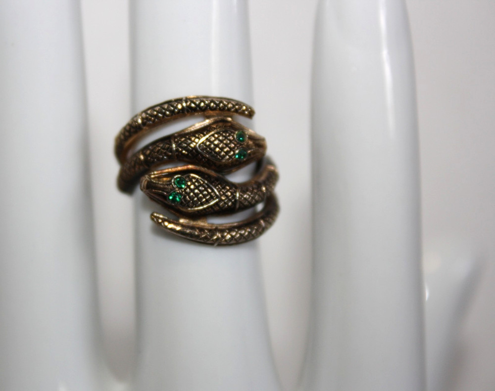 Vintage Signed STERLING ESPO Gold Tone Rhinestone Eye Double Snake Ring Sz 5.5