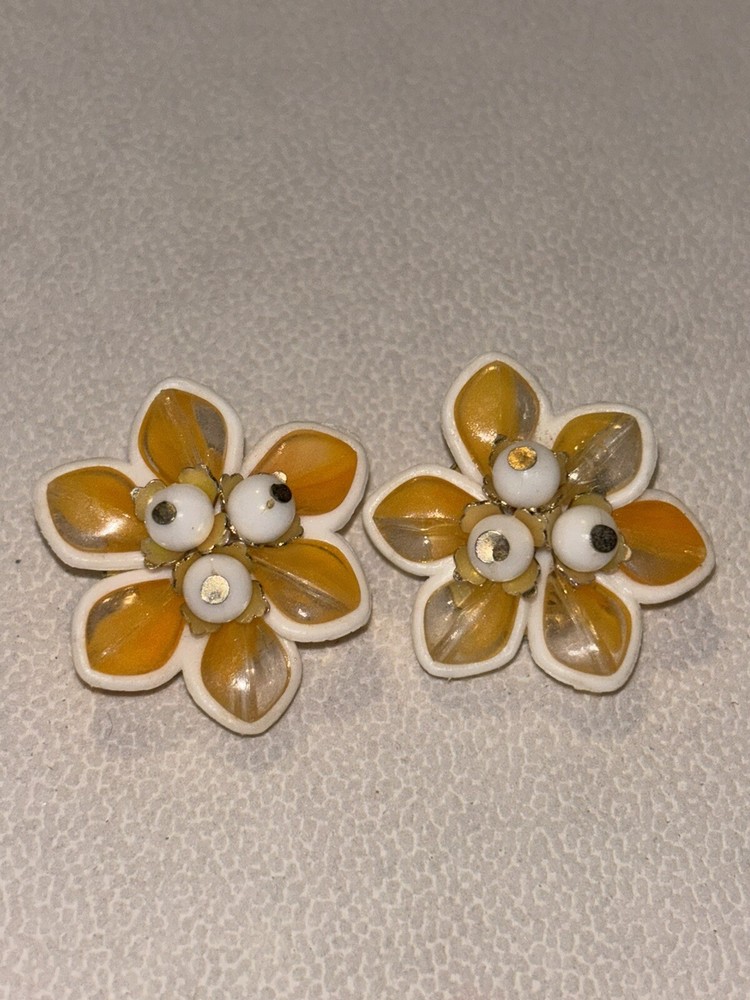 Vintage Orange And White Flower Clip Earrings, Signed Hong Kong
