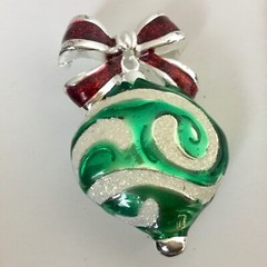 DANECRAFT Christmas Ornament Pin Silver Tone Red & Green Enamel Sparkles