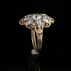 Vintage Style Sclloped Shield Ring 2.2 Ct Simulated Diamond 14k Yellow Gold Over