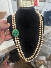 Vintage Unsigned Marvella? Glass Faux Pearl Faux Jade Flower Necklace 24”