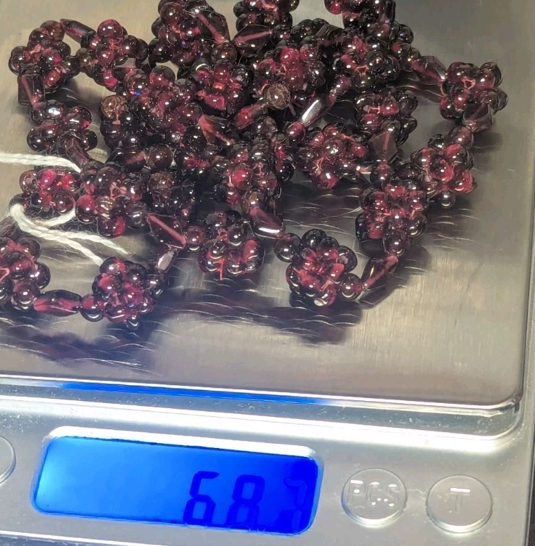 Vintage Garnet Beaded Necklace 341 Carat Burgundy Almandine Bohemian Cluster 26″