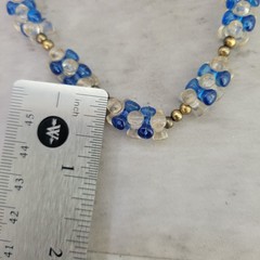 Vintage Blue Clear Plastic Bead Necklace Long Brass Spacers 32in Retro Mod Style
