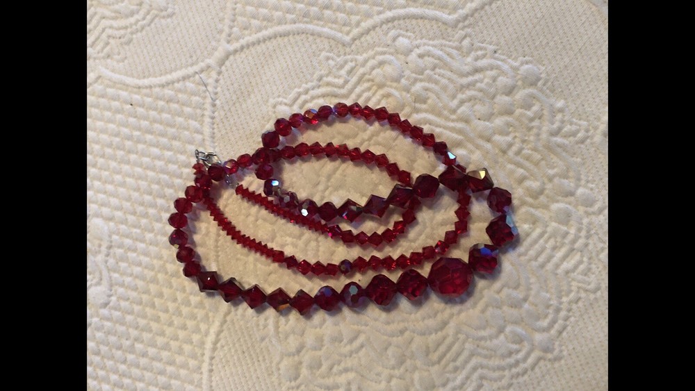 Woman’s Vintage Red Aurora Crystal Necklace Restrung 28 Inch