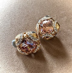Vintage Ciner NOS Blush Champagne Crystal Gold Clip Earrings, Signed, Excellent!