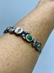 VTG Victorian Revival Slider Charm Bracelet Silvertone Rhinestones Enamel 7 1/4″