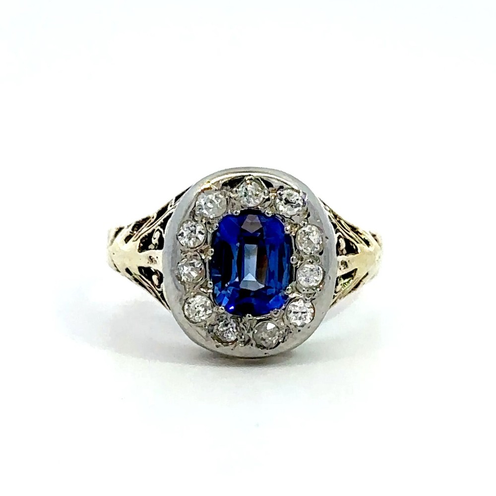Vintage 14K Two-Tone Gold Blue Sapphire & Diamond Ring Size 6