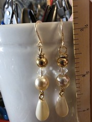 Repurposed Vintage Cream Glass pearl Crystal Teardrop earrings Goldp. Hooks
