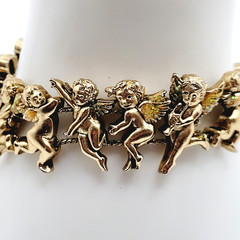 Cherub Angels Iridescent Glitter Wings Gold Tone Vtg Slide Bracelet 7.5 Inch
