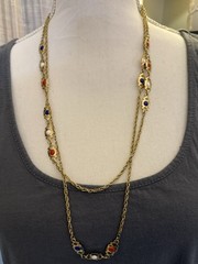 Vintage Red, White & Blue Gold Tone Station Necklace 56” Opera