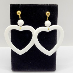 White Heart Open Center Bead Drop Dangle w Ball Stud Gold Tone Vintage Earrings