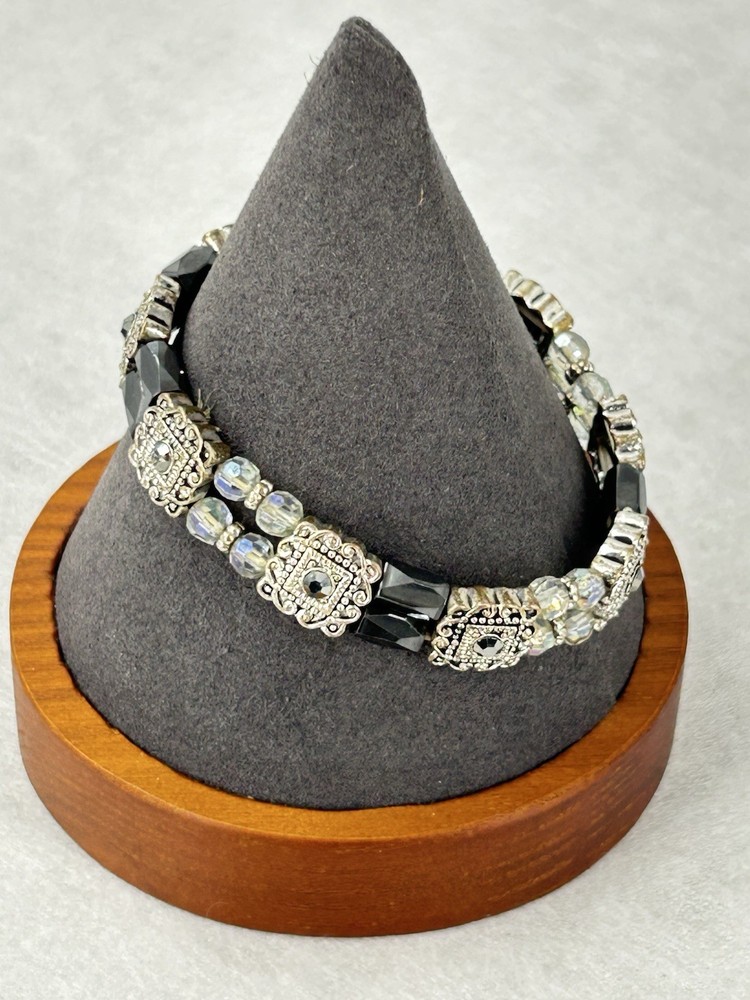 Silver Tone Stretch Bracelet Hematite Faceted Clear Crystal Bead Sparkle