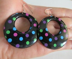 Vintage Lucite Hoop Dangle Earrings Polka Dot Sterling Hook 2.5 In