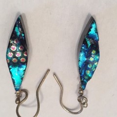 Vtg Art Glass Cut Tumble Marquis Shaped Dangle 1” Pierced Peacock Iridescent