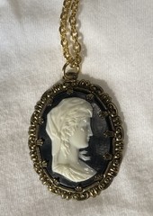 Vintage Western Germany Cameo Necklace Marked Pendant Signed Black & White