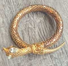 Vintage 70’s Goldtone Brass Mesh Coil Snake Bracelet Rhinestone eyes
